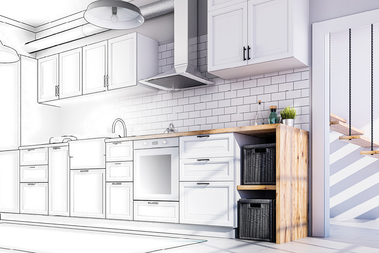 Planung, Raumkonzepte und Umsetzung Illustration einer weißen Küchenzeile mit Holzarbeitsplatte und Fliesenspiegel