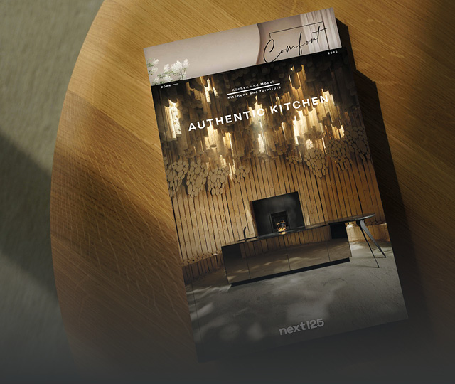 Küchen- und Möbelkataloge auf rundem Holztisch