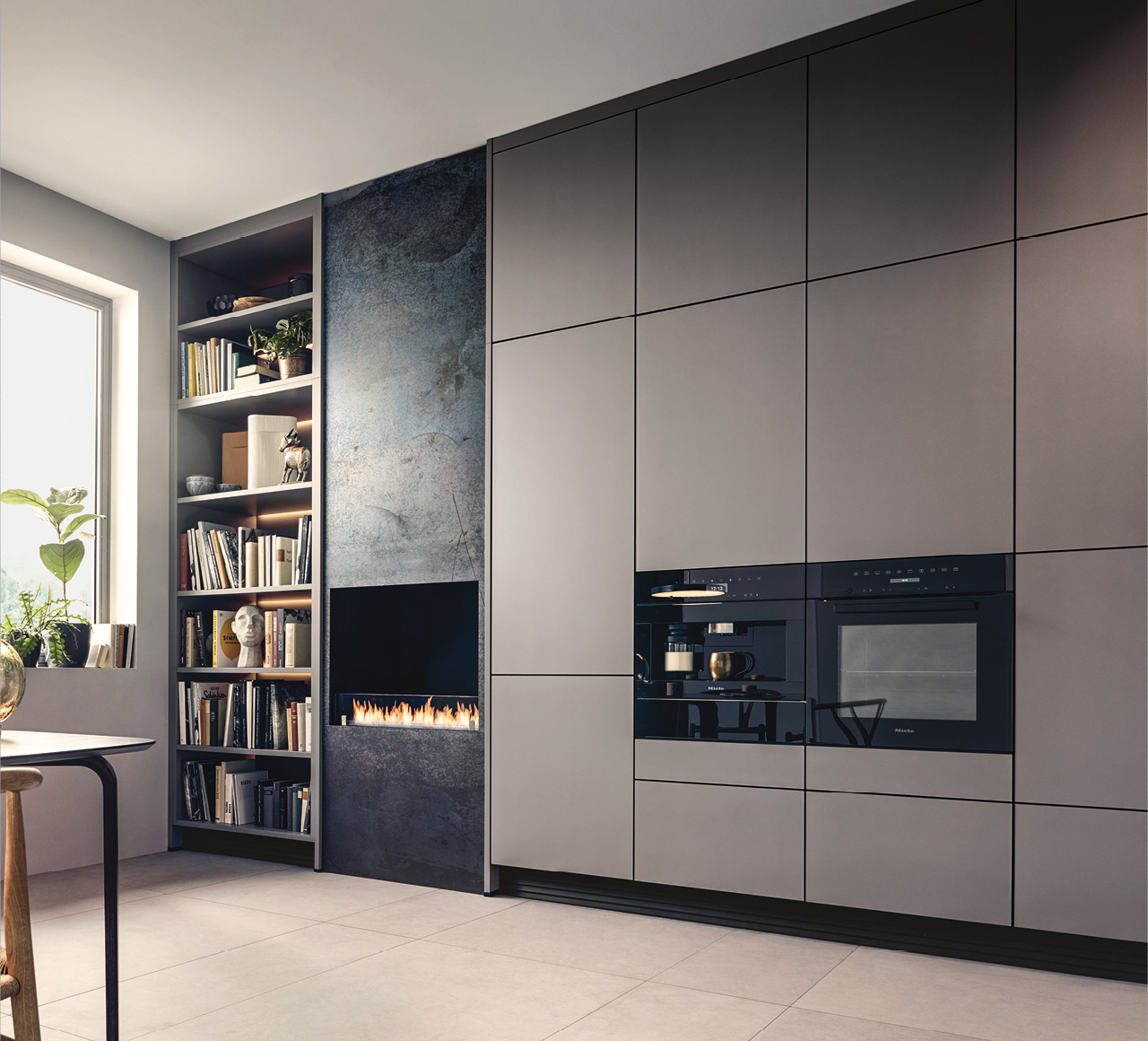 Küchen bei Himmlisch Wohnen Hochschrankwand mit Einbaugeräten neben Regal und modernem Kamin im Wohnraum