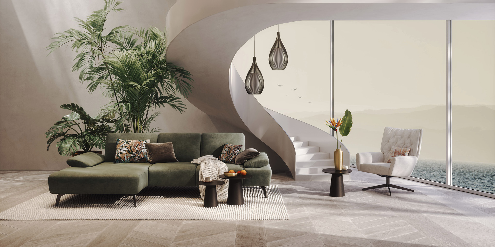 Grünes Ecksofa mit Sessel, Pflanzen und geschwungener Treppe am Fenster.