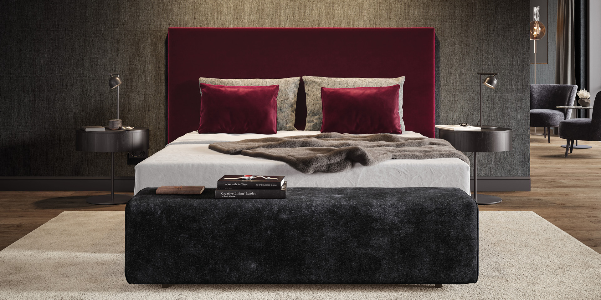 Doppelbett mit bordeauxrotem Kopfteil, Nachttischen und gepolsterter Bank