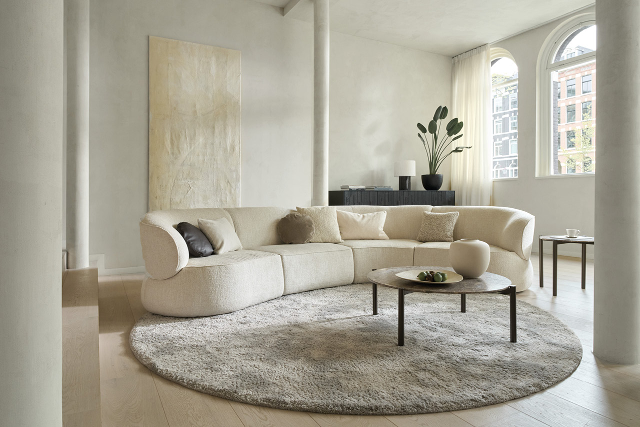 Helles Wohnzimmer mit geschwungenem Sofa, rundem Teppich und Couchtisch