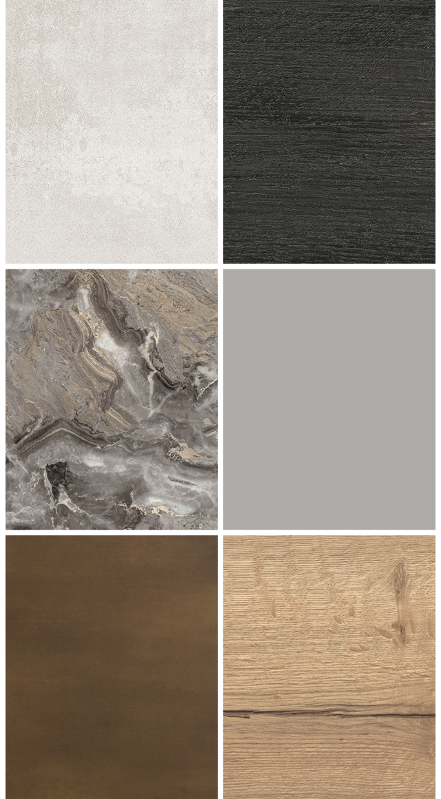 Collage verschiedener Küchenarbeitsplatten-Oberflächen in Stein- und Holzoptik