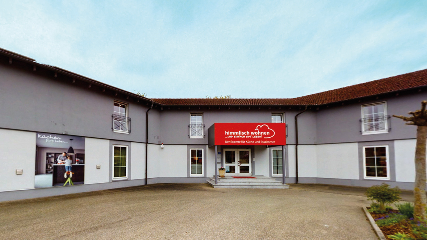 Außenansicht des Küchenstudios himmlisch wohnen in Neuburg Wagenhofen mit Eingangsbereich und moderner Küchen Ausstellung für Küchenplanung und persönliche Küchenberatung