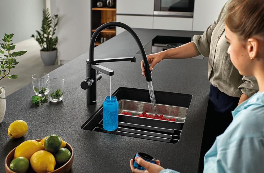 Ausziehbrause am Küchenwasserhahn spült Beeren in schwarzer Spüle