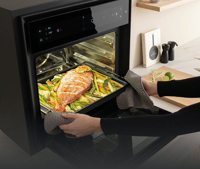 Dampfbackofen mit Ofenblech und Fischgericht, Link zu Dampfbackofen