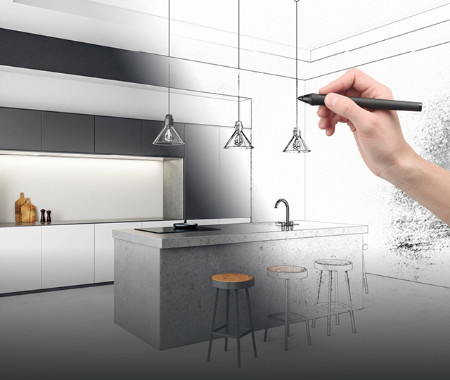 Küchenplanung als Skizze mit Kücheninsel und Handzeichnung, Link zu Service