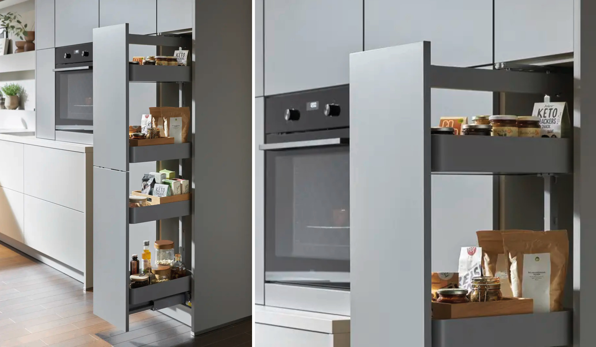 Ausziehbarer Apothekerschrank neben Backofen, gefüllt mit Vorräten.