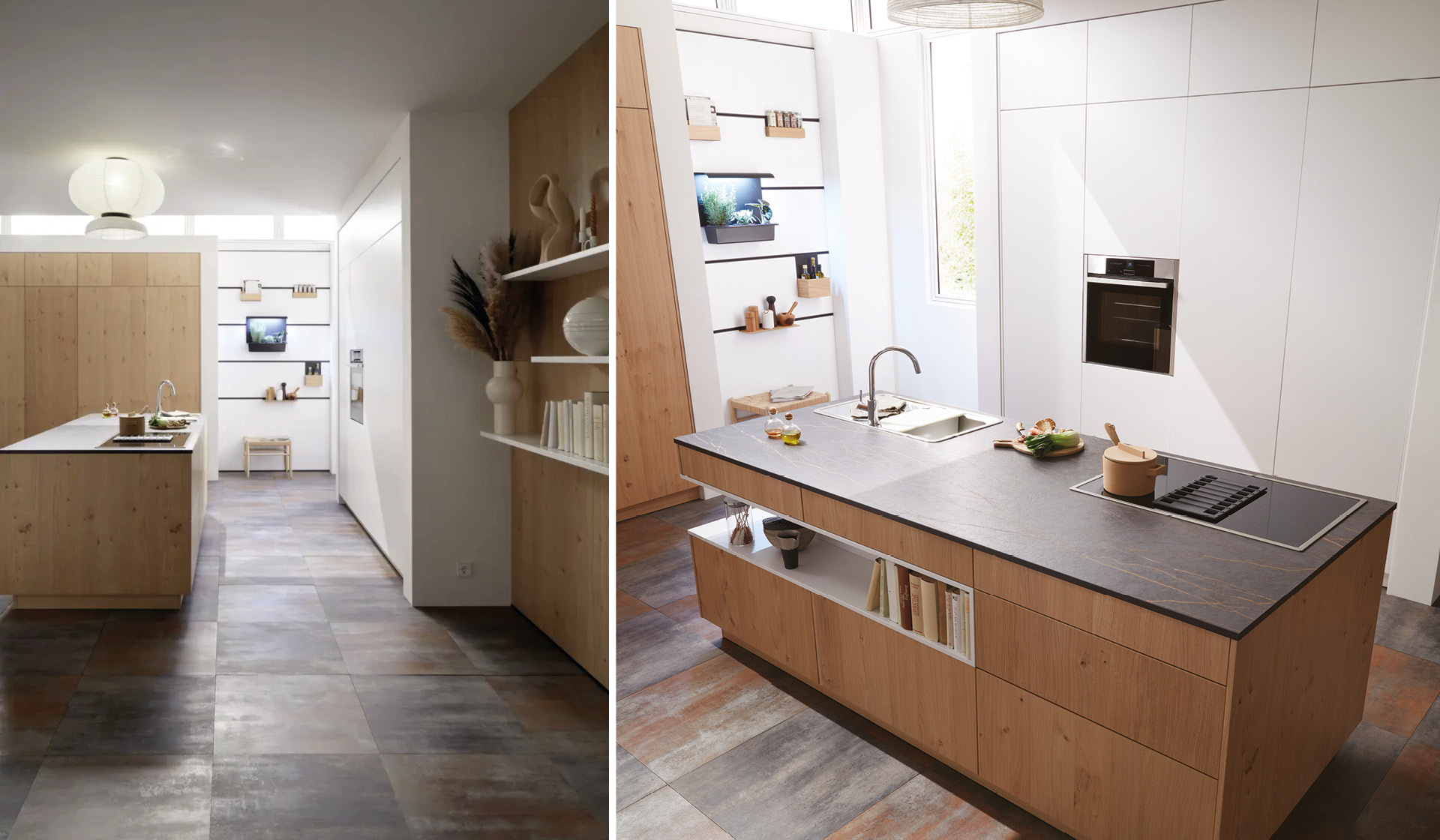 Zwei Ansichten einer modernen Küche mit Holzinsel und weißen Fronten
