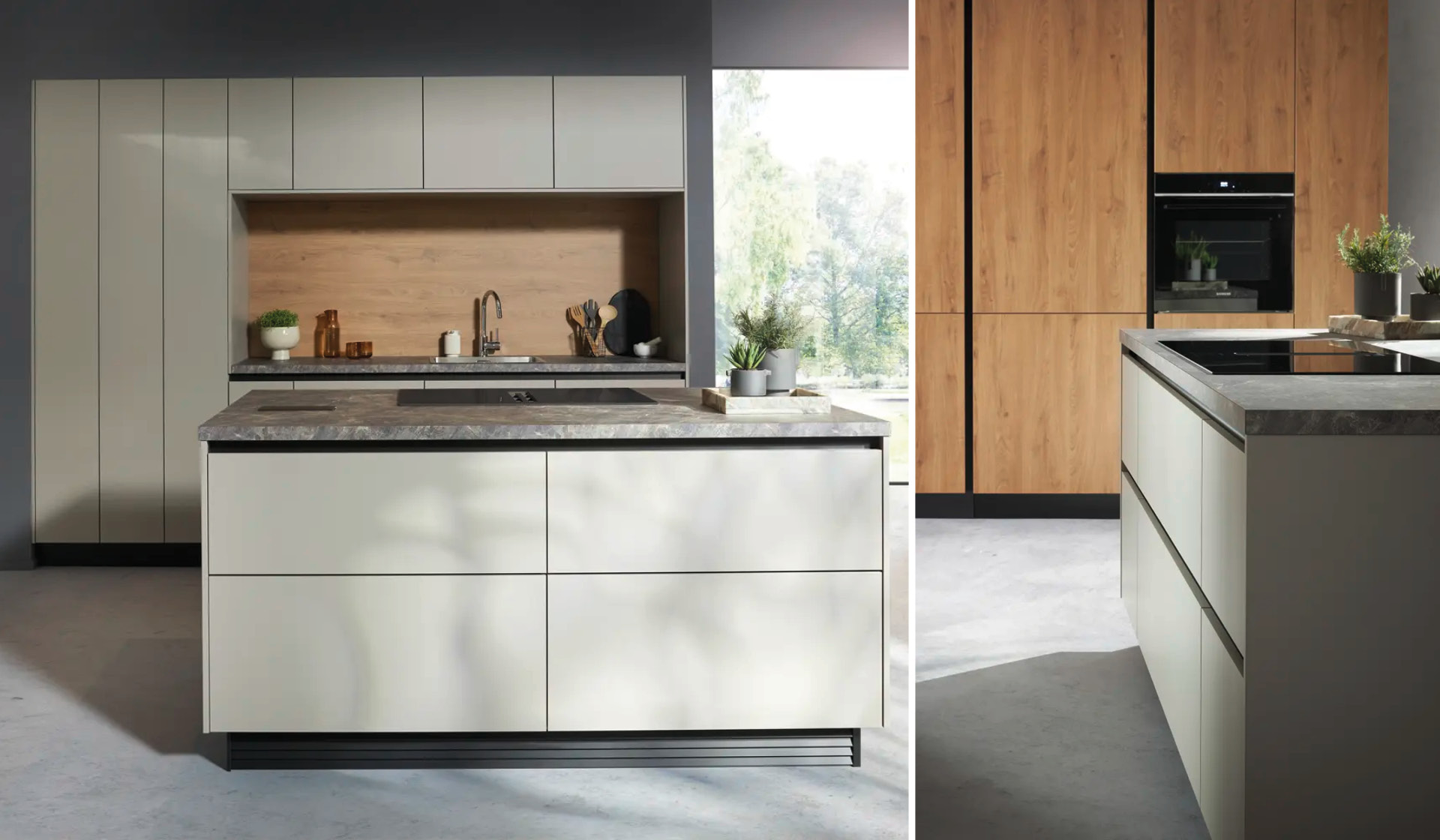 Collage: Moderne Kuche mit Kochinsel und Holzhochschranken, zwei Ansichten