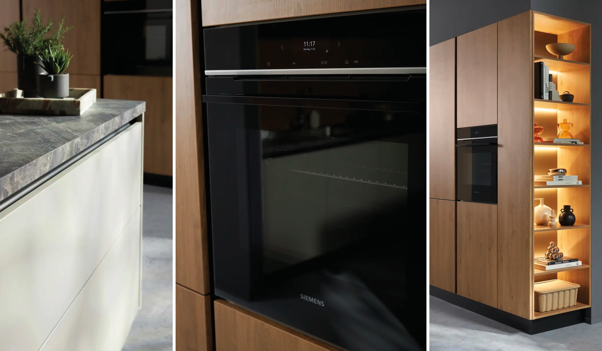 Collage: Kochinsel-Detail, Backofen und Holzhochschrank mit beleuchtetem Regal