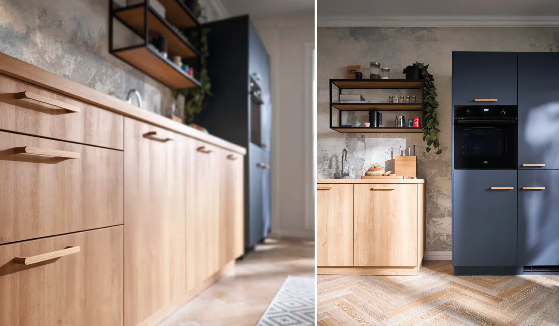 Collage: Holzfronten-Detail und blauer Hochschrank mit Backofen, Kuche