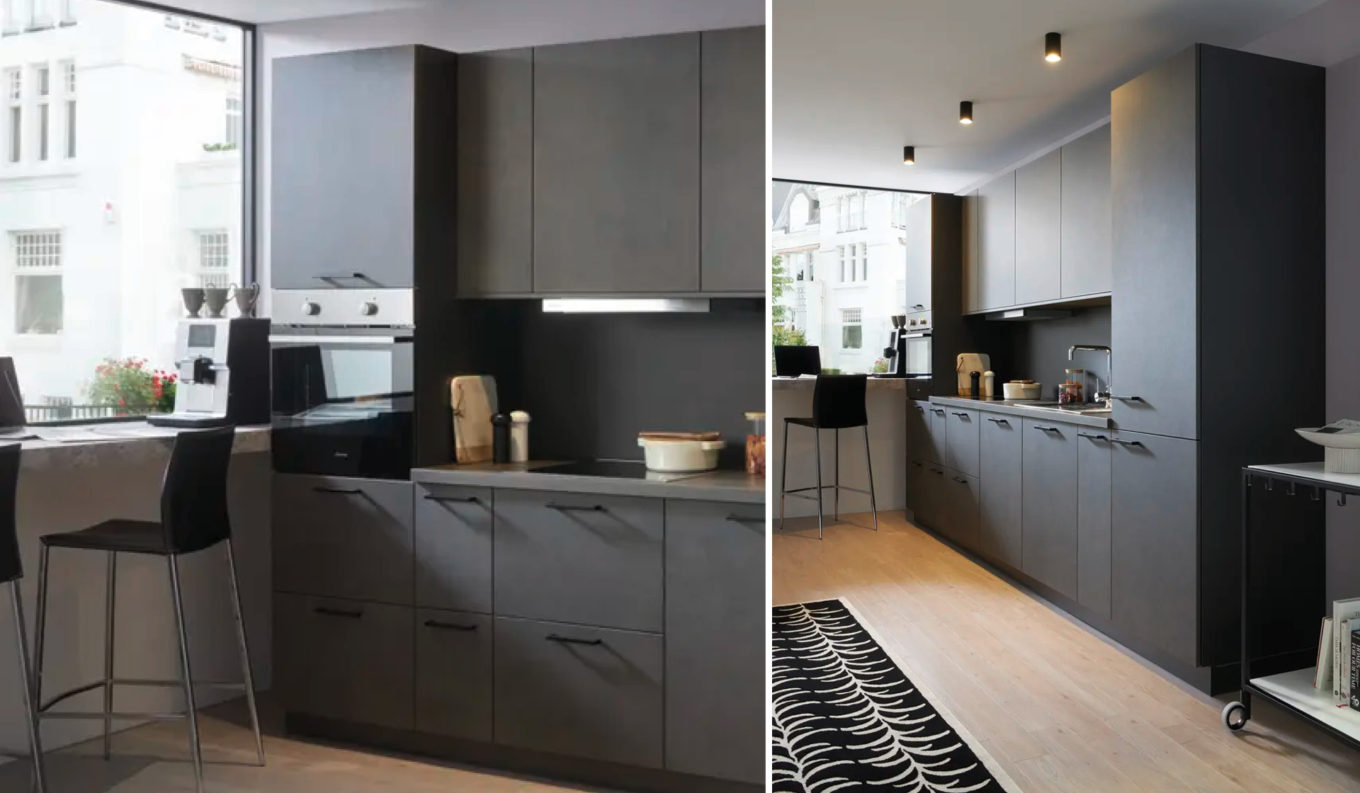 Collage: Dunkle Einbaukuche mit Sitzplatz am Fenster, zwei Perspektiven