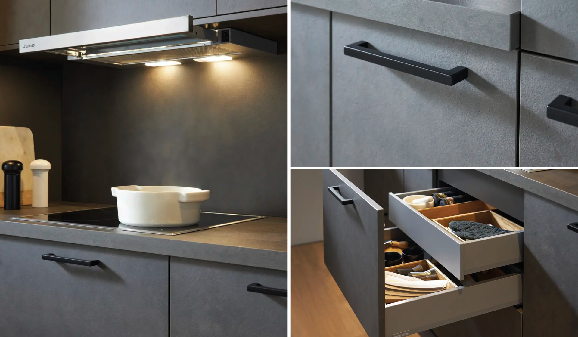 Collage: Dunkle Kuche mit Kochfeld, Griffdetail und geoffneten Auszugen