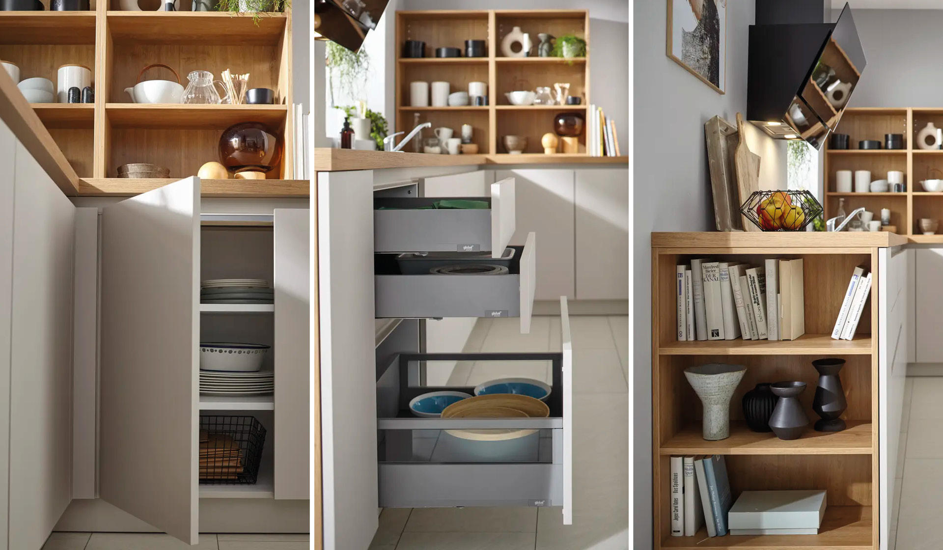 Collage: Kuche mit offnen Schranken, Auszugen und Holzregal, Detailansichten