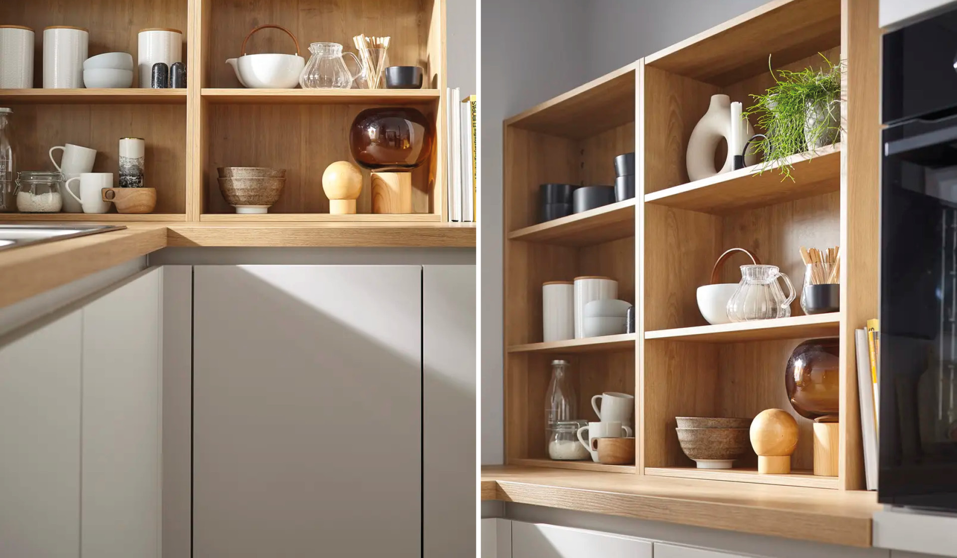 Collage: Offenes Holzregal in Kuche mit Geschirr und Deko