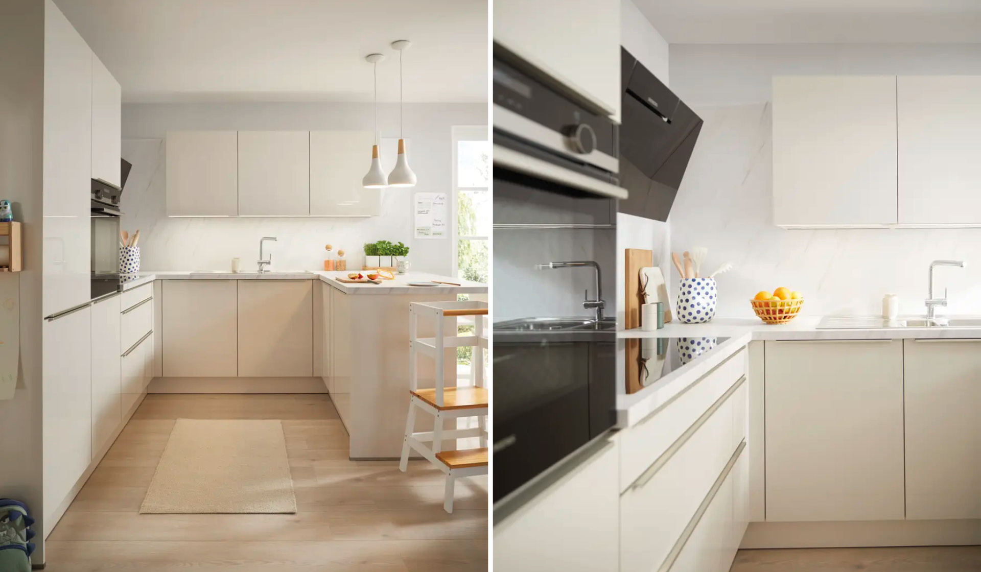 Collage: weisse Winkelkuche und Detailansicht mit Arbeitsflache und Spule