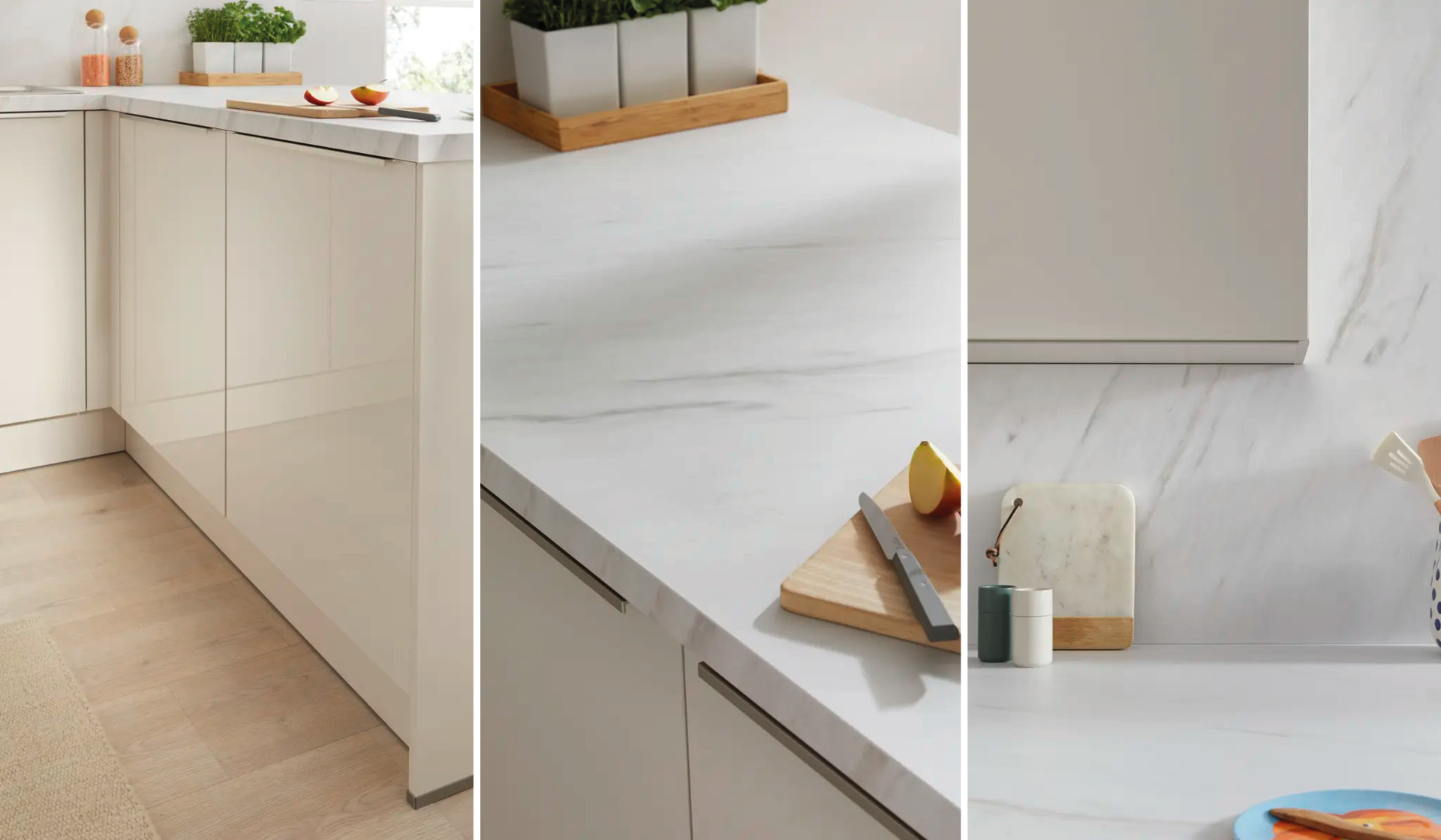 Collage: Kuchefronten und helle Arbeitsplatte mit Marmoroptik, Detailansichten