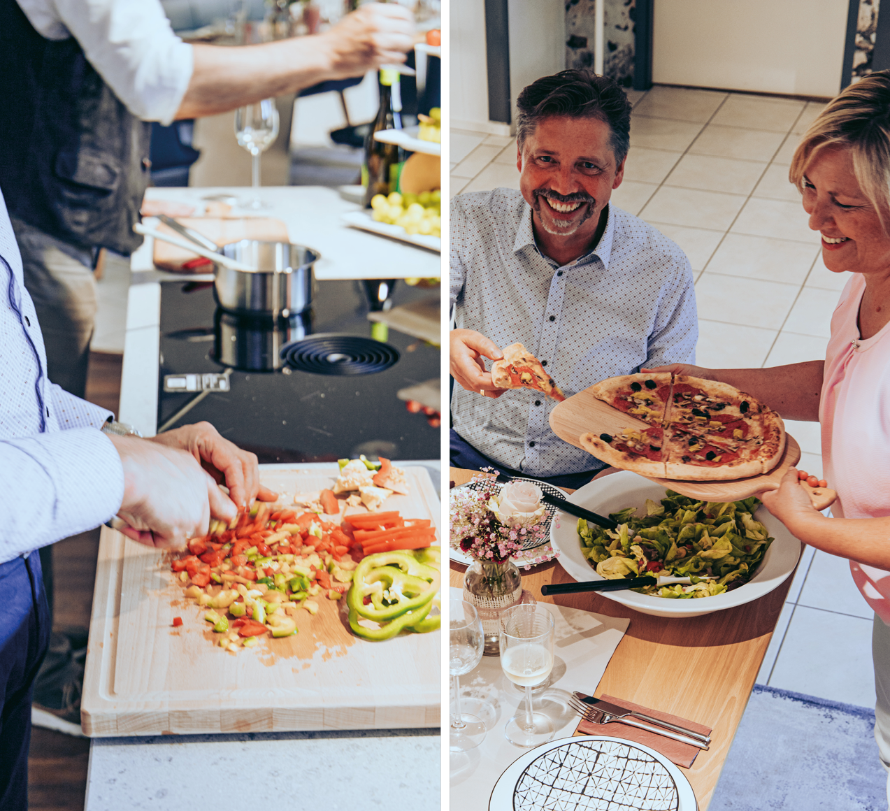 Geteilte Ansicht mit Schneidebrett und Gemüse links und Paar mit Pizza und Salat am Tisch rechts