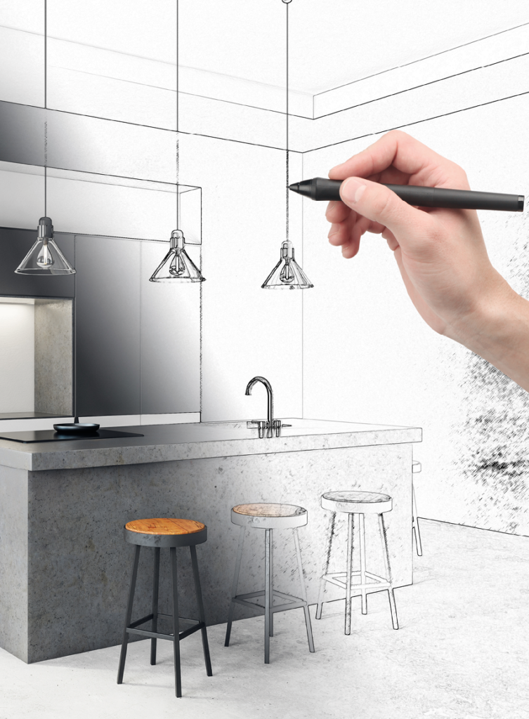 Hand zeichnet einen Küchenentwurf mit Stift während der Planung einer modernen Küche mit Kücheninsel und Beleuchtung
