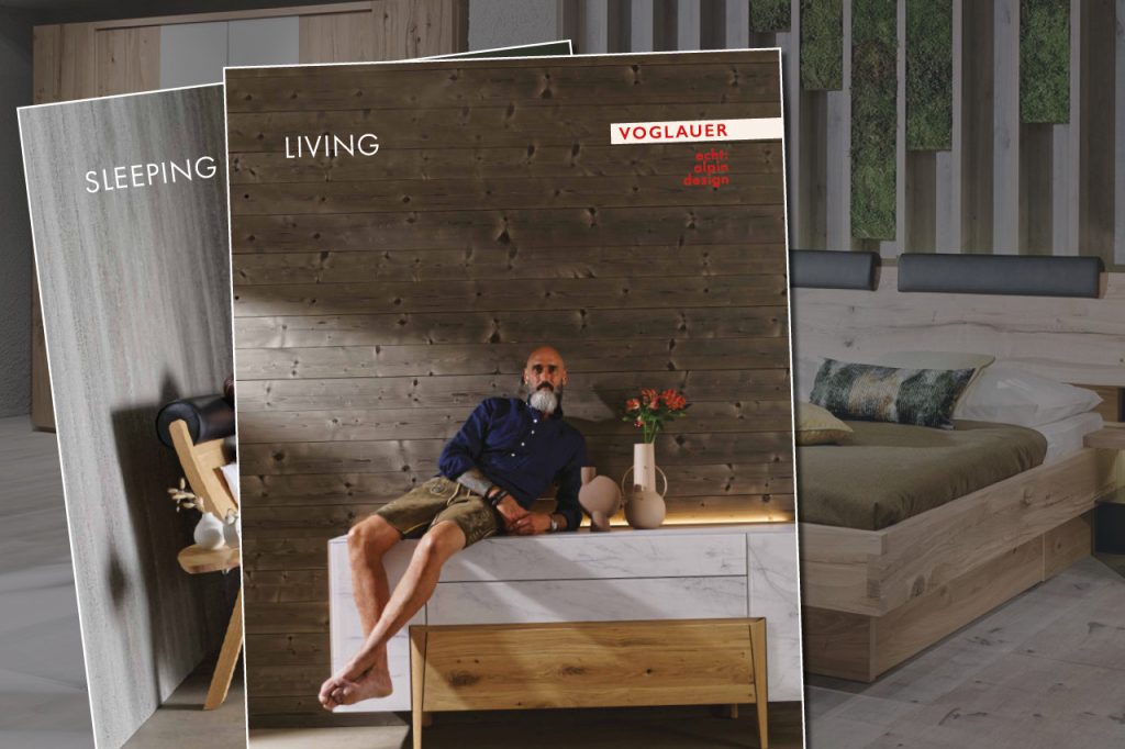 Collage „Sleeping“ und „Living“ mit Voglauer-Möbeln und Magazincover.