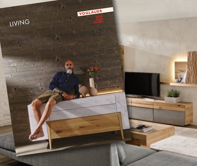 Katalogmotiv mit Schriftzug Living zeigt Mann auf Lowboard vor Holzwand, dahinter Wohnzimmer mit TV Möbel und Couchtisch