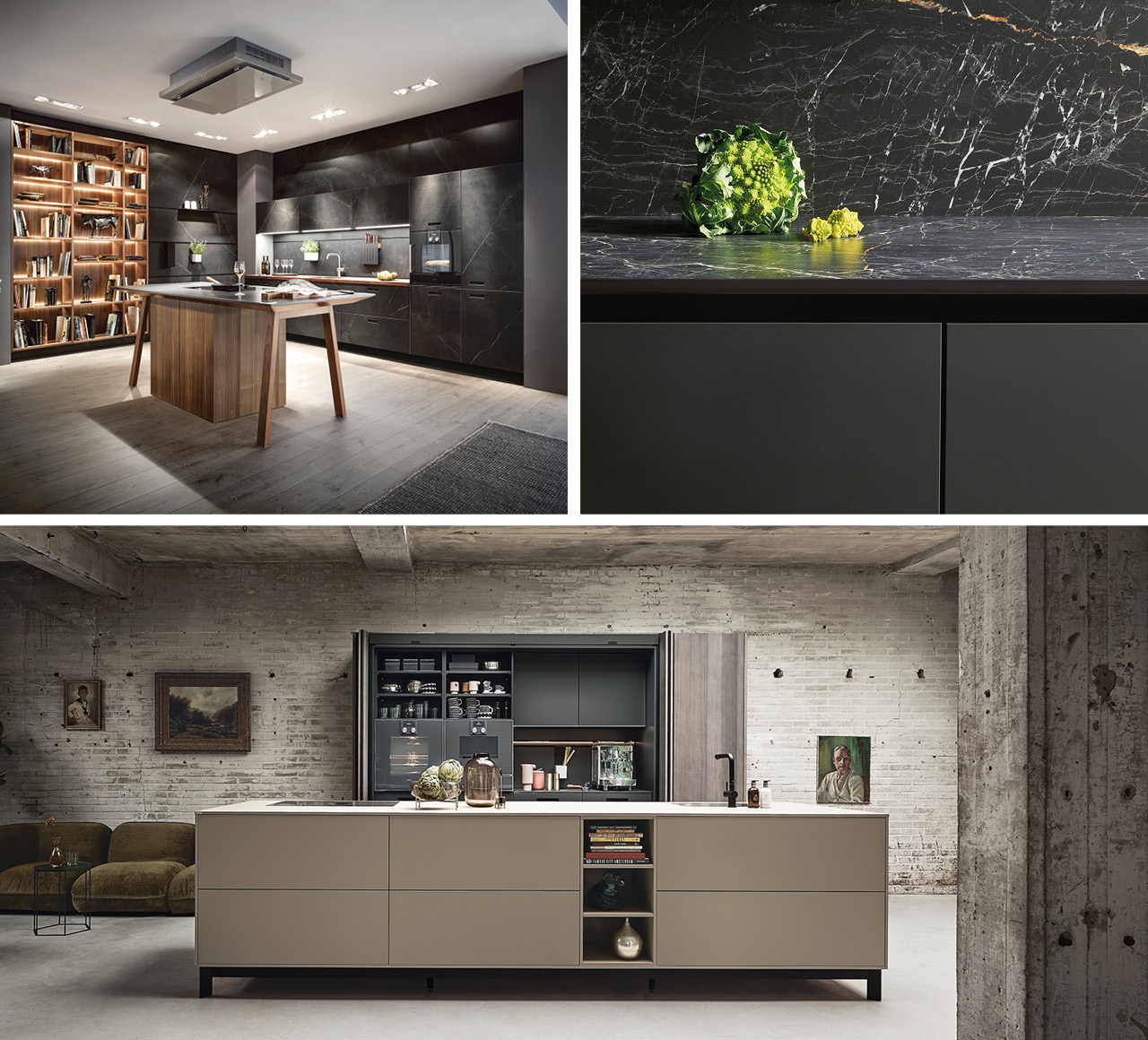 Collage aus drei Küchenansichten mit dunklen Fronten, Kochinsel und Marmorarbeitsfläche sowie offener Wohnküche mit Regalwand im Loftstil