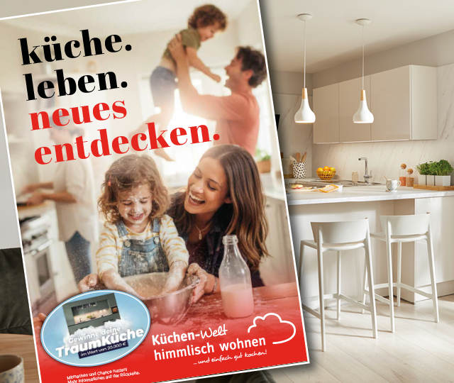 Himmlisch Wohnen Küchenprospekt vor weißer Inselküche