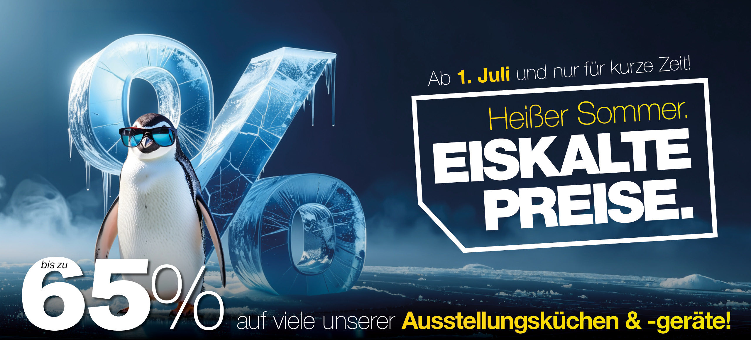 Aktionsbanner „Eiskalte Preise“ mit Pinguin und Rabatt auf Ausstellungsküchen