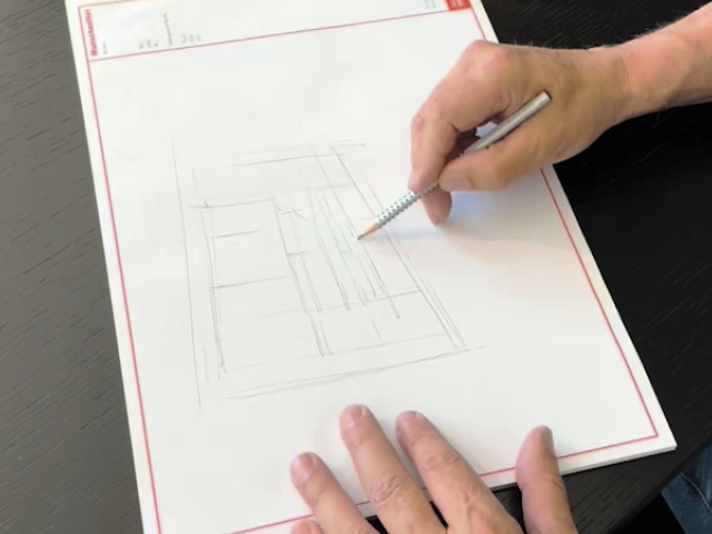 Hand skizziert Küchenplanung auf Papier, Entwurf mit Bleistift
